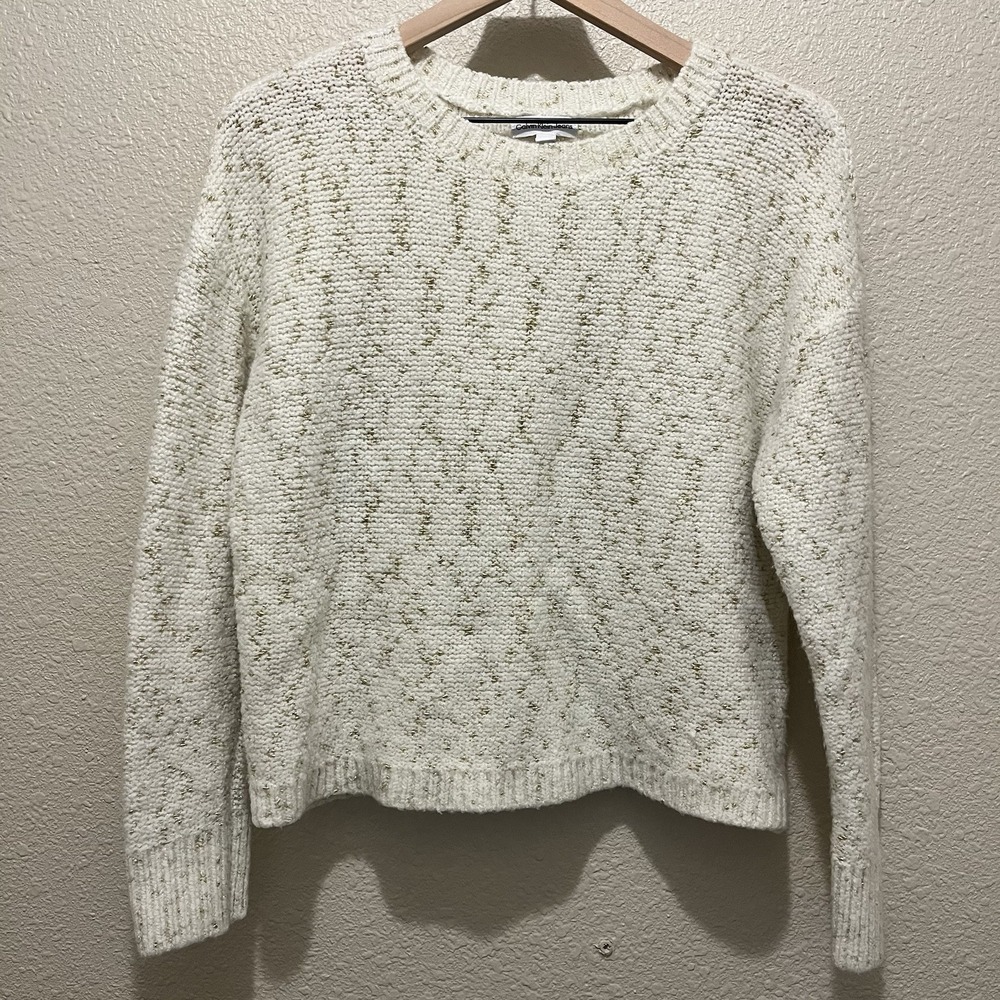 Calvin Klein Jeans Women L Crewneck Long Sleeve Lurex Sweater Cream Gold Holiday